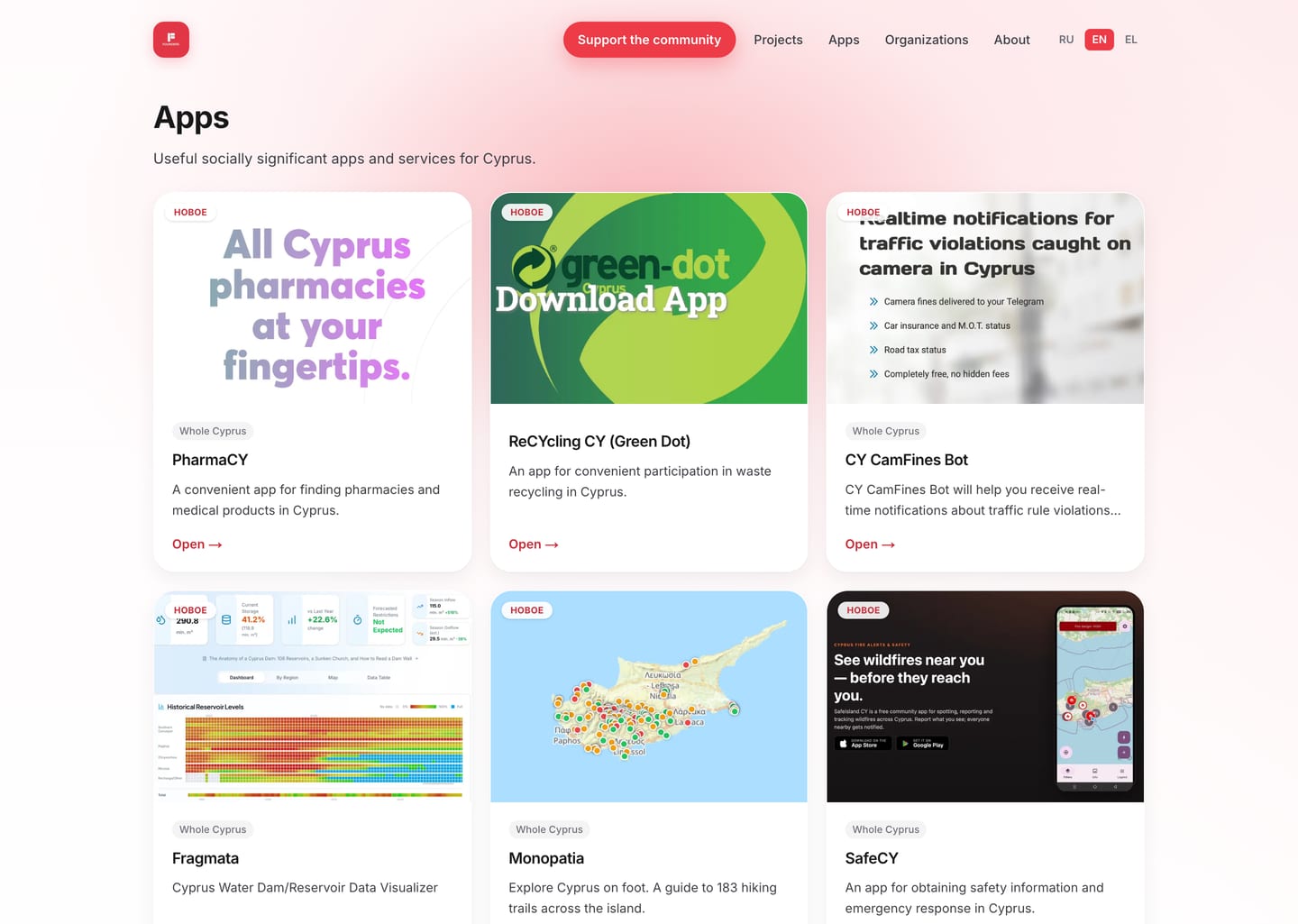 A directory of useful civic apps and services for Cyprus, each with a cover, a short description and a link to open it.